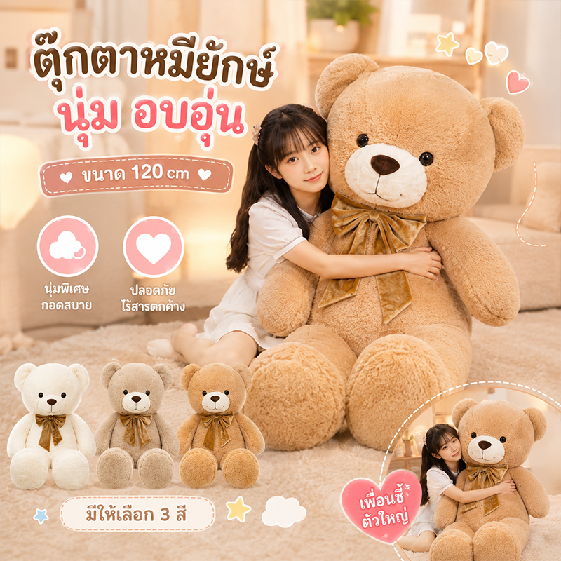 ตุ๊กตาหมี ตุ๊กตา ตุ๊กตายักษ์ 90/120/140/160CM ใยสังเคราะห์ PP ตุ๊กตาตัวใหญ่เท่าคน