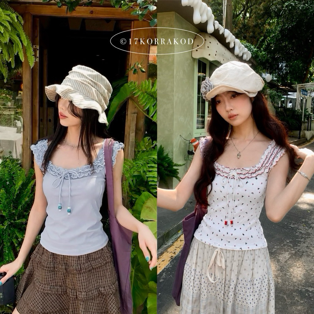 🌻เสื้อสายเดี่ยวทรงกล้าม ดีเทลแต่งระบายรอบคอแขน ผ้าริบนำเข้าเนื้อนิ่มยืด สไตล์เกาหลีy2k (Cookies bear)