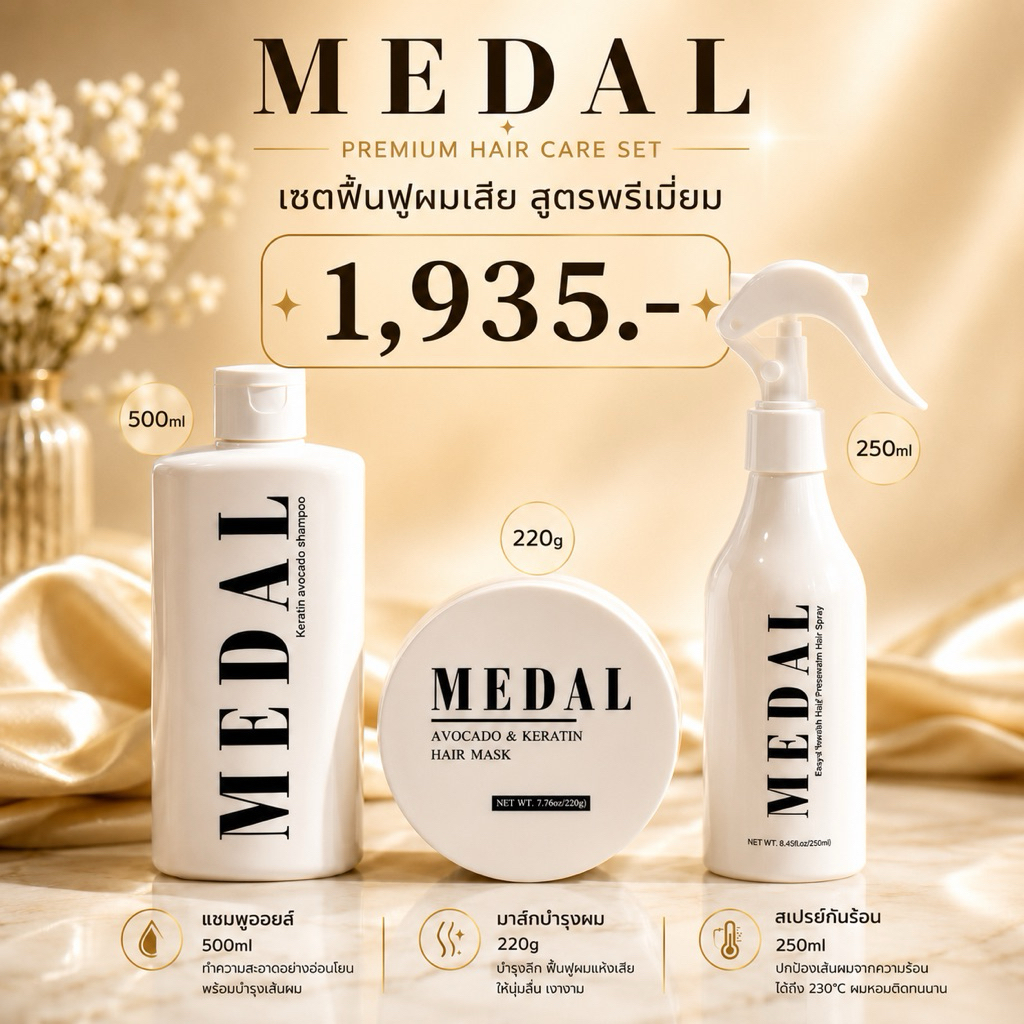 MEDAL มาส์ก 220 กรัม + แชมพู + สเปรย์กันความร้อน [ของแท้100%]
