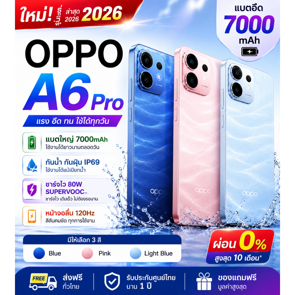 OPPO A6 Pro 5G สมาร์ทโฟน RAM 8GB ROM 256GB จอ 120Hz ชิป Dimensity 6300 แบต 7000mAh ชาร์จไว 80W กล้อง AI โทรศัพท์มือถือ