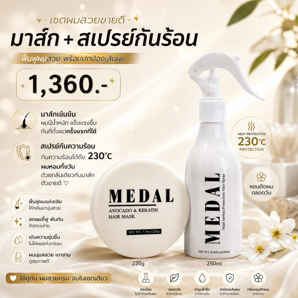 MEDAL มาส์ก 220 กรัม + สเปรย์กันความร้อน [ของแท้100%]