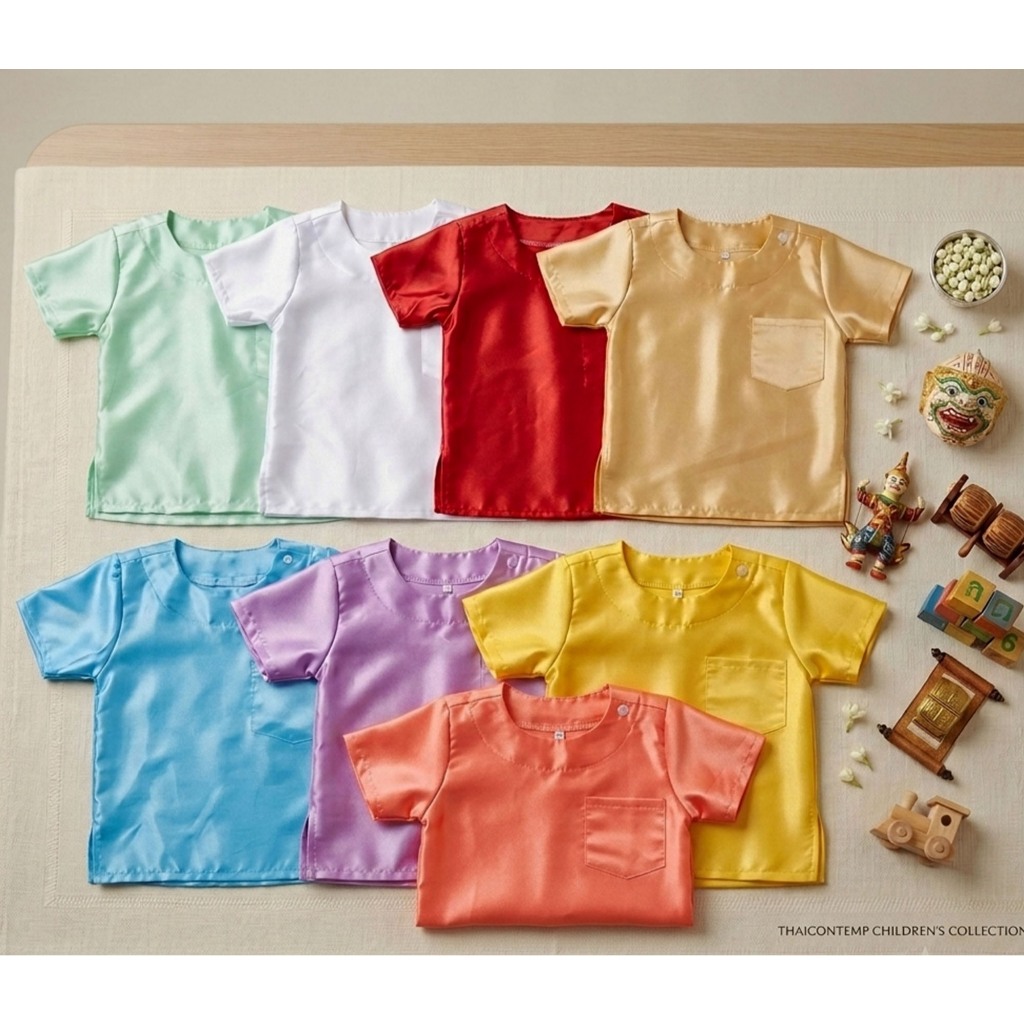 เสื้อไทยเด็กชาย,เสื้อไทยคอกลมผ่าไหล่ ราคาถูกพร้อมส่ง(เสื้ออย่างเดียว)