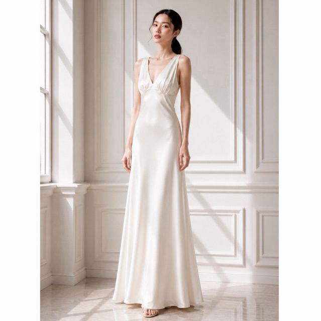 MANTIKA - (Ivory Grace Dress) เดรสยาวแขนกุดจีบใต้อก เดรสยาวไปงาน เดรสยาวไปงานแต่ง ชุดออกงาน