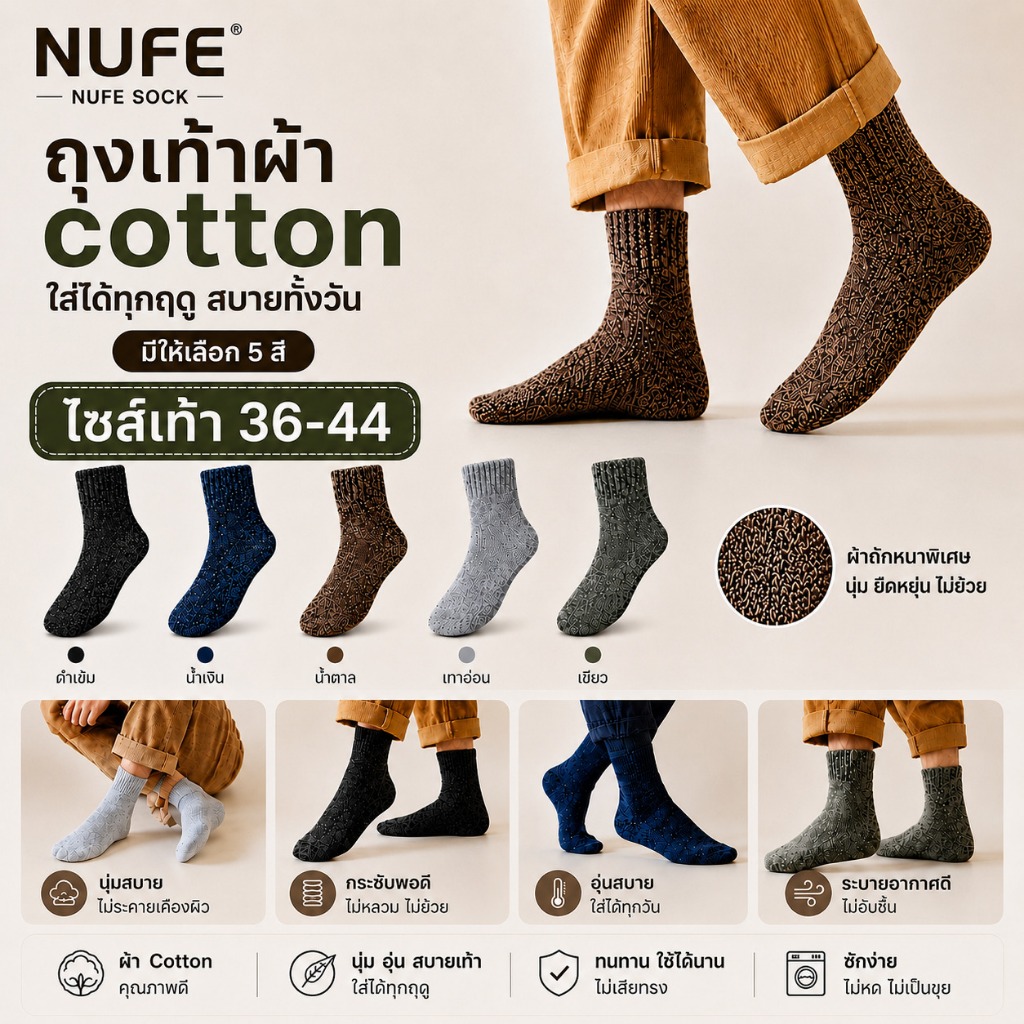 NUFESOCKS ถุงเท้าผ้าcottonทอหนาข้อกลาง พร้อมส่งจากไทย ถุงเท้ากันหนาวชายหญิงใส่ได้ไซค์ 35-45