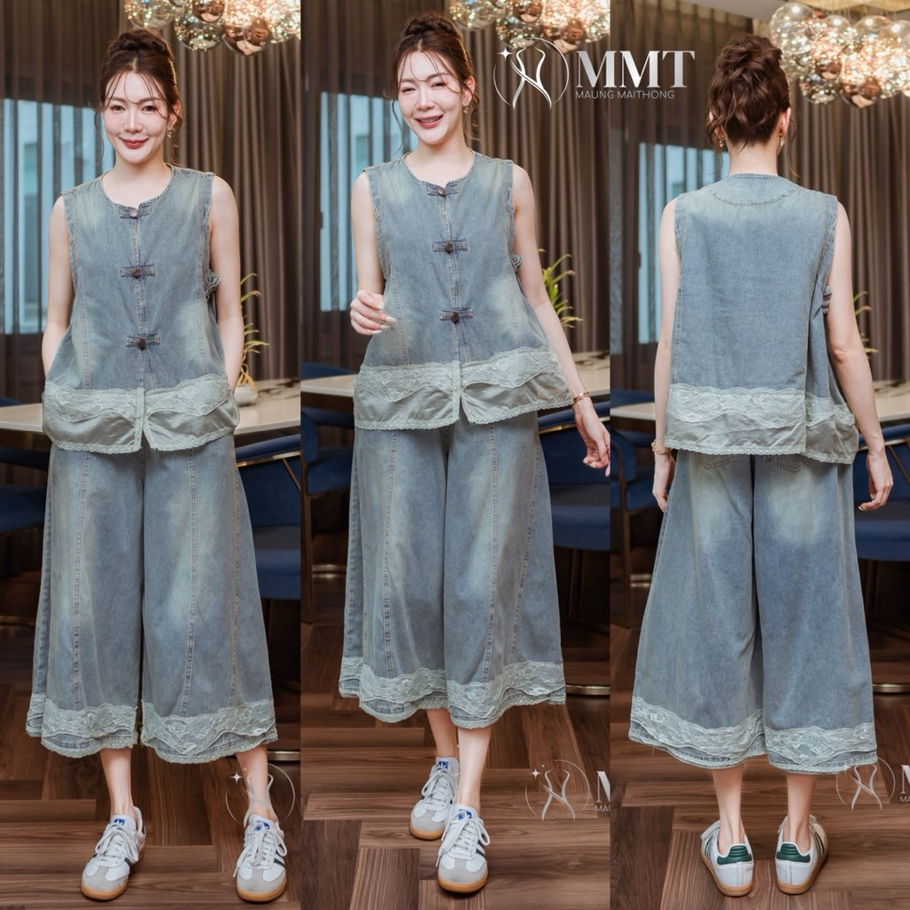🌈🌿🌼🌺🌸💙🇰🇷 Jeans Sleeveless Rim Lace Top&Jeans Rim Lace Long Pant Set
