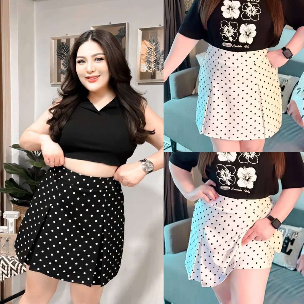 /OO/ กางเกงกระโปรง Polka Dots มีไซส์เอว34-48 จีบหน้า ใส่เที่ยว ทำงาน #สาวอวบอ้วน พลัสไซส์