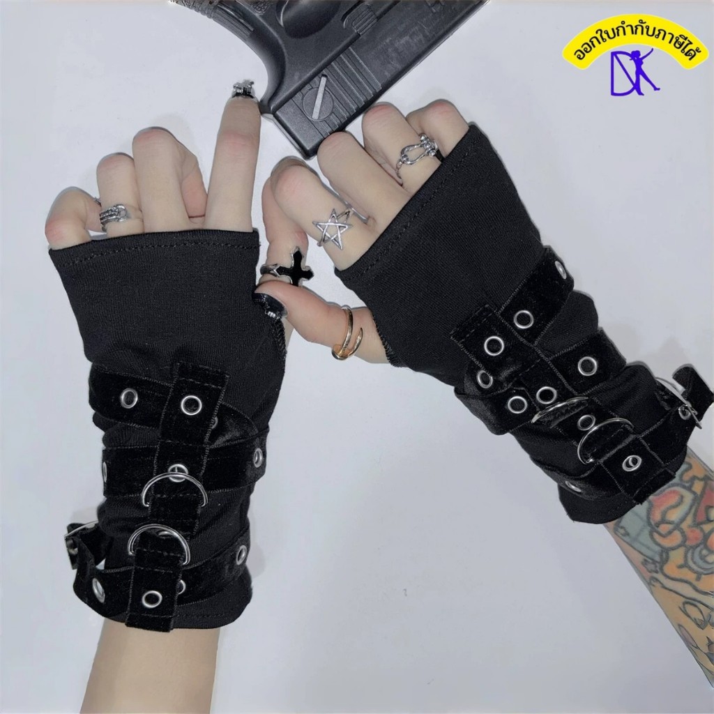 ถุงมือครึ่งนิ้วแฟชั่นสีดำแนวดาร์ก Harajuku-K04