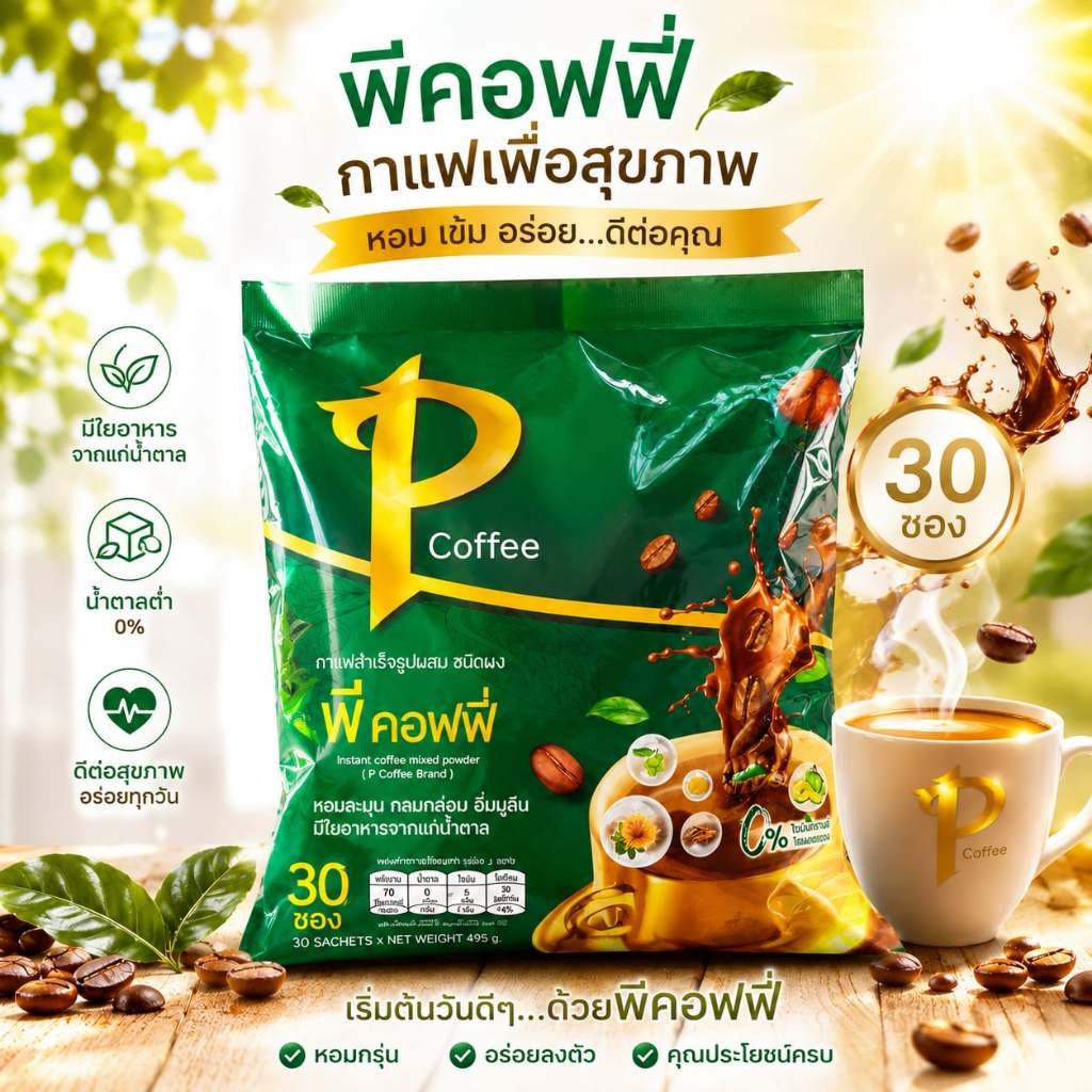 P coffee กาแฟพีคอฟฟี่ ( 1 ห่อ บรรจุ 30 ซอง )ใช้หญ้าหวาน ผสมแปะก๋วย ดอกคำฝอย อินนูลีน