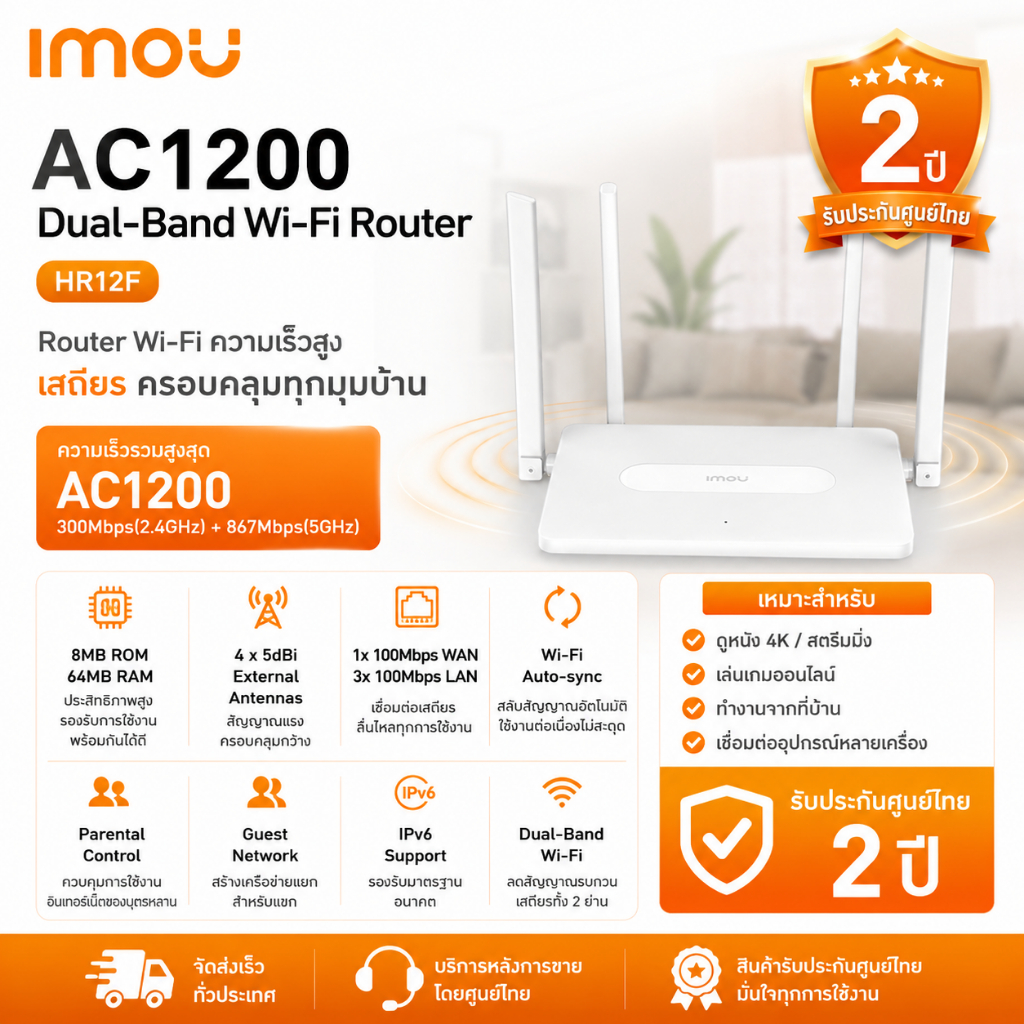 [ของแท้ประกันศูนย์] IMOU เร้าเตอร์ Wi-Fi Dual band (AC1200) รุ่น HR12F Router, Access Point, Extender ประกันศูนย์ 1 ปี