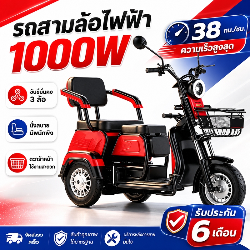 รถไฟฟ้าผู้ใหญ่3ล้อ รถสามล้อไฟฟ้า 1000W 48V20AH จักรยานไฟฟ้า3ล้อ ปรับเบาะได้ รับน้ำหนักได้250กก ยางสูญญากาศ