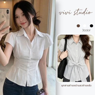 เสื้อเชิ้ตแขนสั้น แขนพอง สายรัดทรงรัดเอว ลายทางบาง สไตล์เกาหลี ใส่ได้ทุกชุด