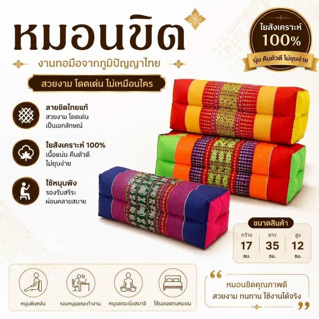 หมอนขิด หมอนลายไทย งานHandmade ยัดนุ่นแท้100% ขนาด17X35X12CM.