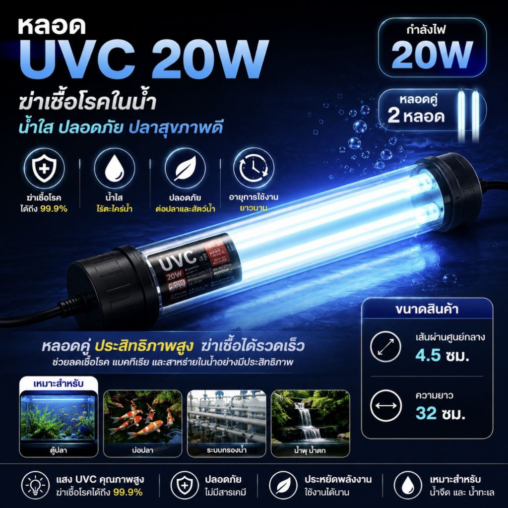 หลอด UVC 20W แบบหลอดคู่ ฆ่าเชื้อโรคในน้ำได้อย่างมีประสิทธิภาพ