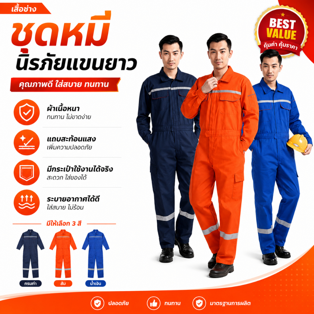 จัดส่งในประเทศไทย-ชุดหมีมีแถบสะท้อนแสง ชุดป้องกันการทำงานชิ้นเดียว มีฮู้ด สวมใส่สบาย8.การซ่อมรถยนต์และการบำรุงรักษากลางแ
