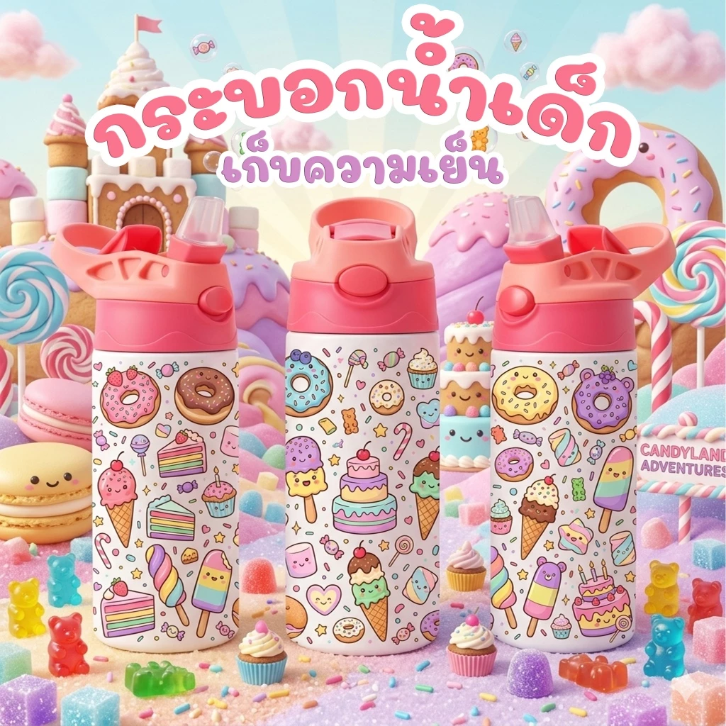 ขวดน้ำเด็กเก็บความเย็น ลายขนมหวานสุดน่ารัก สแตนเลส304 ปลอดภัยต่อเด็ก แก้วน้ำเด็กฝากดหลอดเด้ง ใช้ง่าย