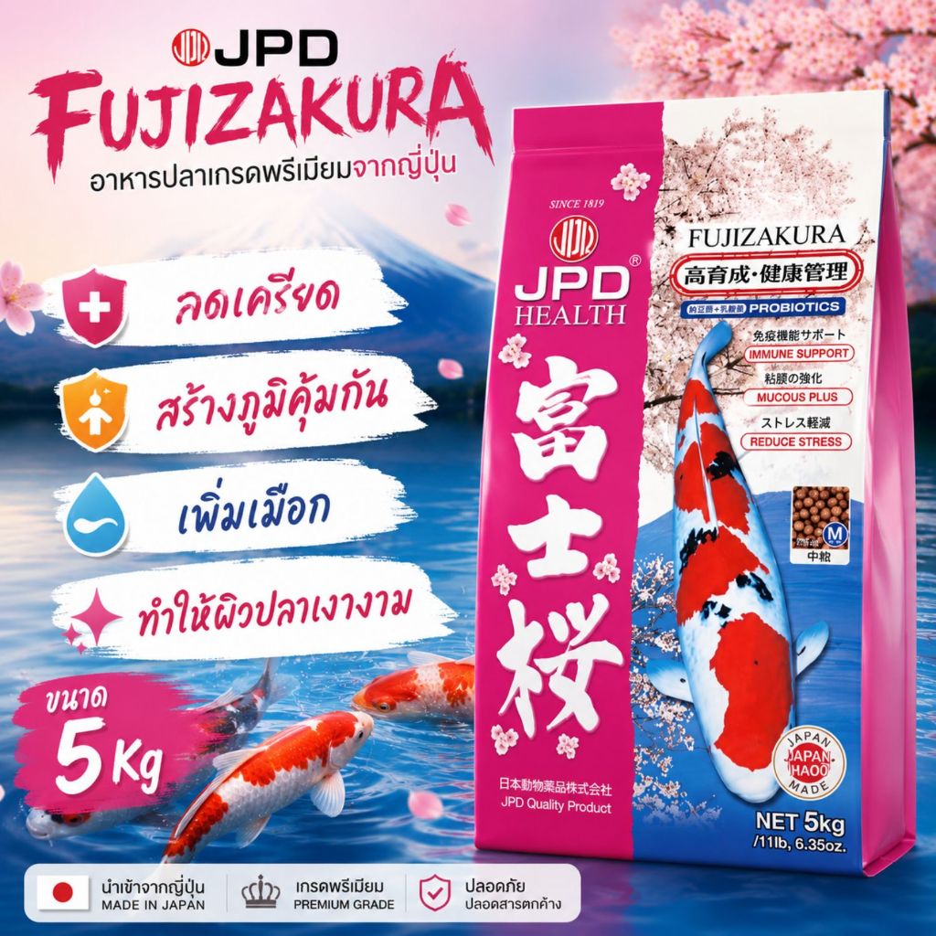 Fujizakura เม็ดลอย 5 KG อาหารปลาคาร์ฟนำเข้าญี่ปุ่น JPD เร่งโต ผสมวิตามินซี โปรตีน 37%