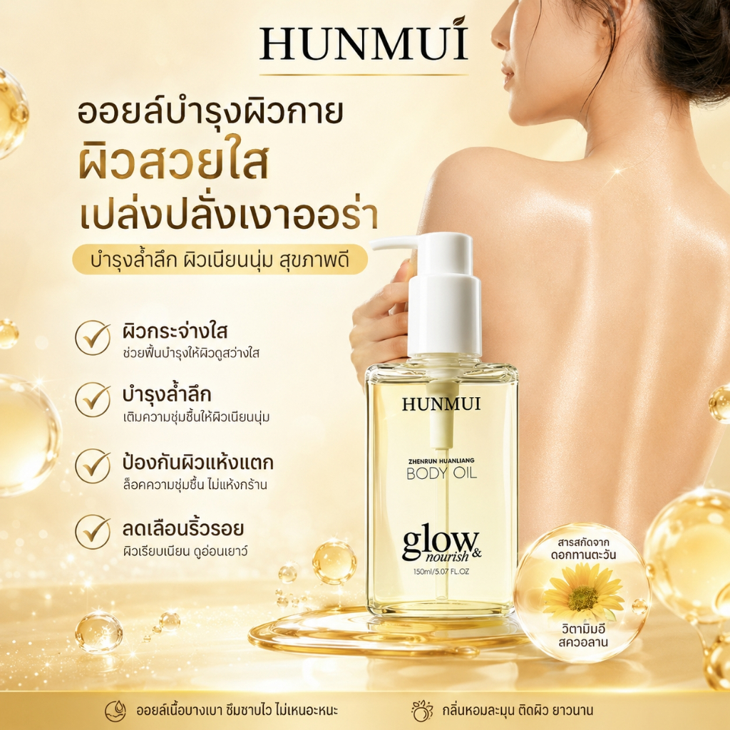 น้ำมันบำรุงผิวกายสูตรไวท์เทนนิ่ง บอดี้ออยล์ 150ml บำรุงผิวเนียนนุ่ม กลิ่นหอมสดชื่น น้ำมันบำรุงผิวกายสกัดจากพืช