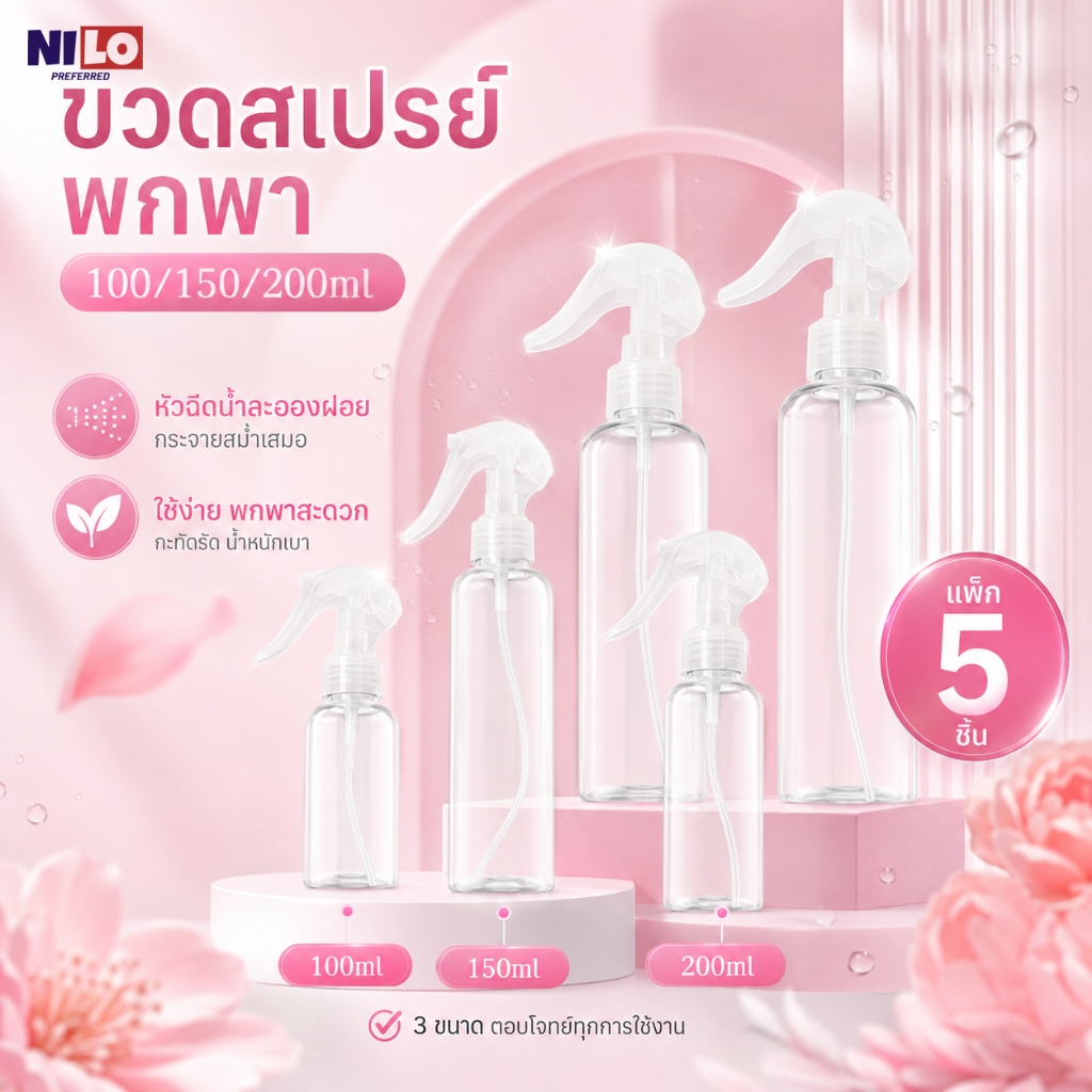 ขวดสเปรย์พกพา 100/150/200ml แพ็ก 5 ชิ้น หัวฉีดละอองฝอย ขวดใส PET สำหรับน้ำหอม แอลกอฮอล์