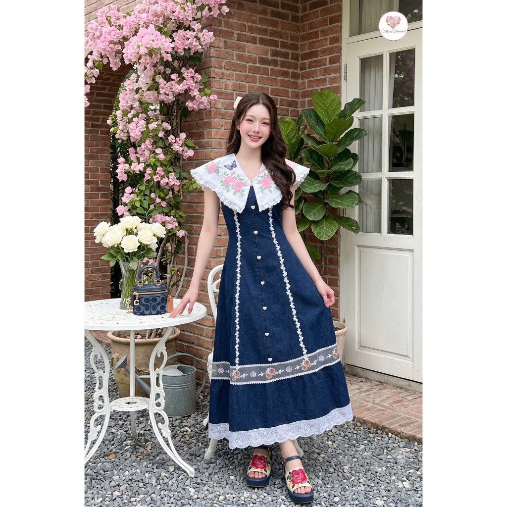 (มี3XL) Maria Diamond ยีนส์ Winny Jeans Vintage Dress เดรสยาวผ้ายีนส์วินเทจ ปกวินเทจงานปัก กระโปรงตัดต่อ แต่งกระดุมหน้า