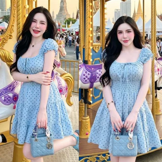 เดรสแขนตุ๊กตาโพกะดอท เอวสม็อค สาวอวบใส่ได้ (อก30-48)