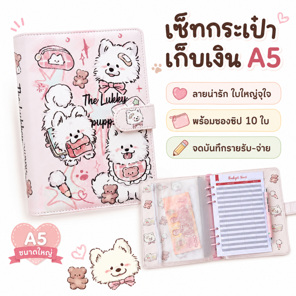 เซ็ทกระเป๋าเก็บเงิน A5 แบ่งเงิน 10 ซอง พร้อมใบบันทึกค่าใช้จ่าย | ปากกาลบได้ + สติ๊กเกอร์จัดหมวดหมู่