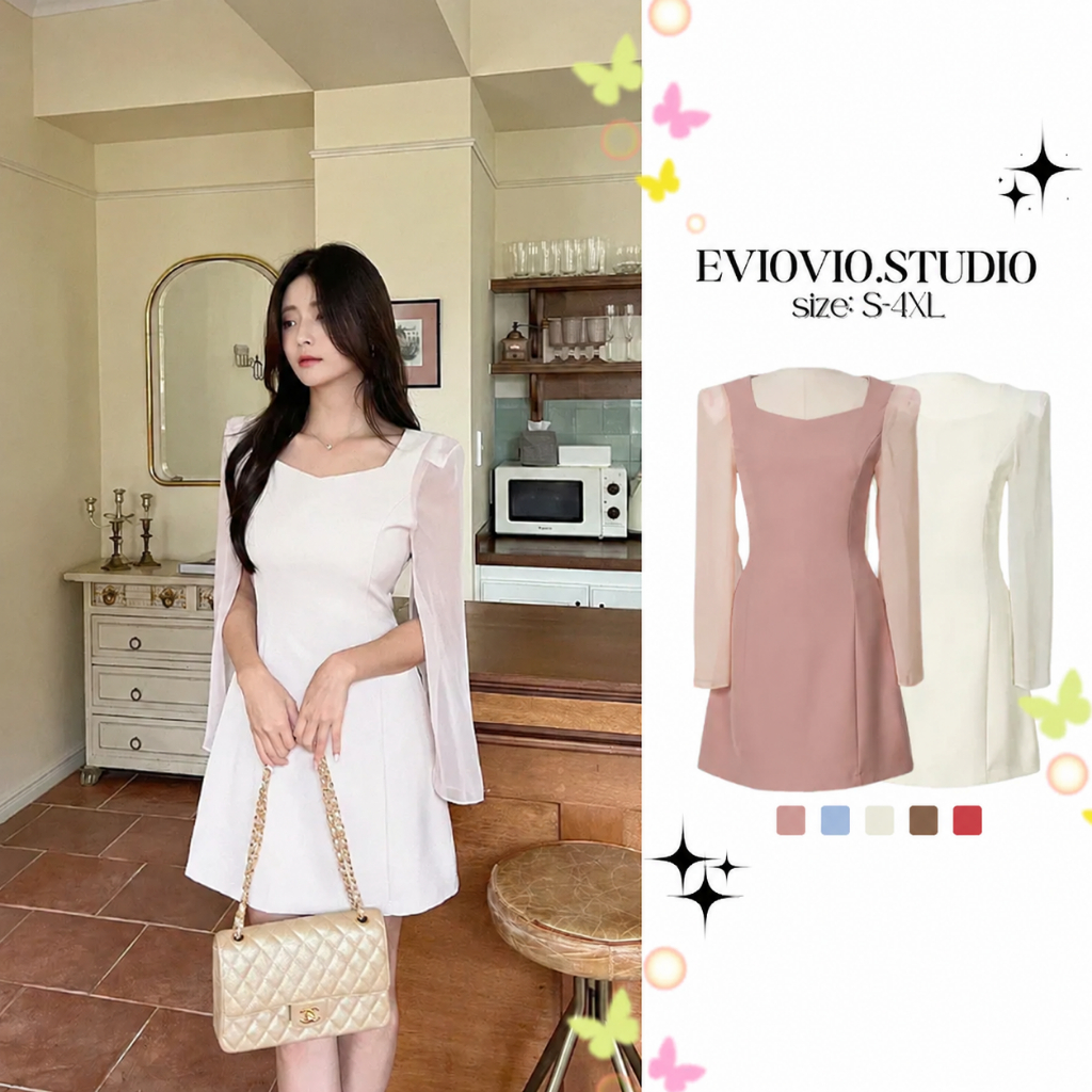 【EVIOVIO】✨S-4XL✨มินิเดรสแขนยาว เอวเข้ารูป สวยสง่า ดูแพง ใส่ออกงาน ทางการ กึ่งทางการ พลัสไซส์ สาวอวบ