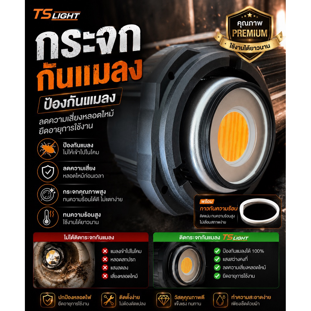 กระจกกันแมลง พร้อมกาวกันความร้อน ติดตั้งได้กับไฟหลายรุ่น