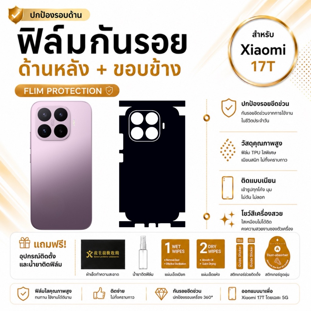 ฟิล์มหลัง Xiaomi 17T ฟิล์มขอบข้าง ฟิล์มใส , ด้าน 1 แถม 1 ส่งด่วน 24ชม สุดคุ้ม