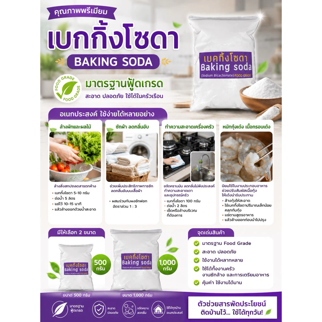 เบคกิ้งโซดา Baking Soda - Sodium Bicarbonate - Food Grade ขนาด 500 กรัม 1,000 กรัม