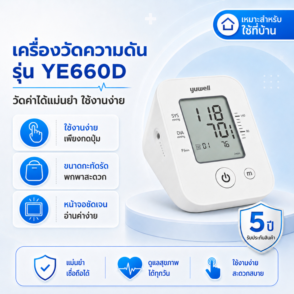 เครื่องวัดความดันโลหิต Yuwell รุ่น YE660D จอใหญ่ ตัวเลขชัด ใช้งานง่าย วัดอัตโนมัติ เหมาะสำหรับผู้สูงอายุ