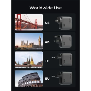 AUKEY PA-B10 Nova Pins 140W หัวชาร์จเร็ว GaN อะแดปเตอร์ 4 พอร์ต เปลี่ยนปลั๊กได้ทั่วโลก