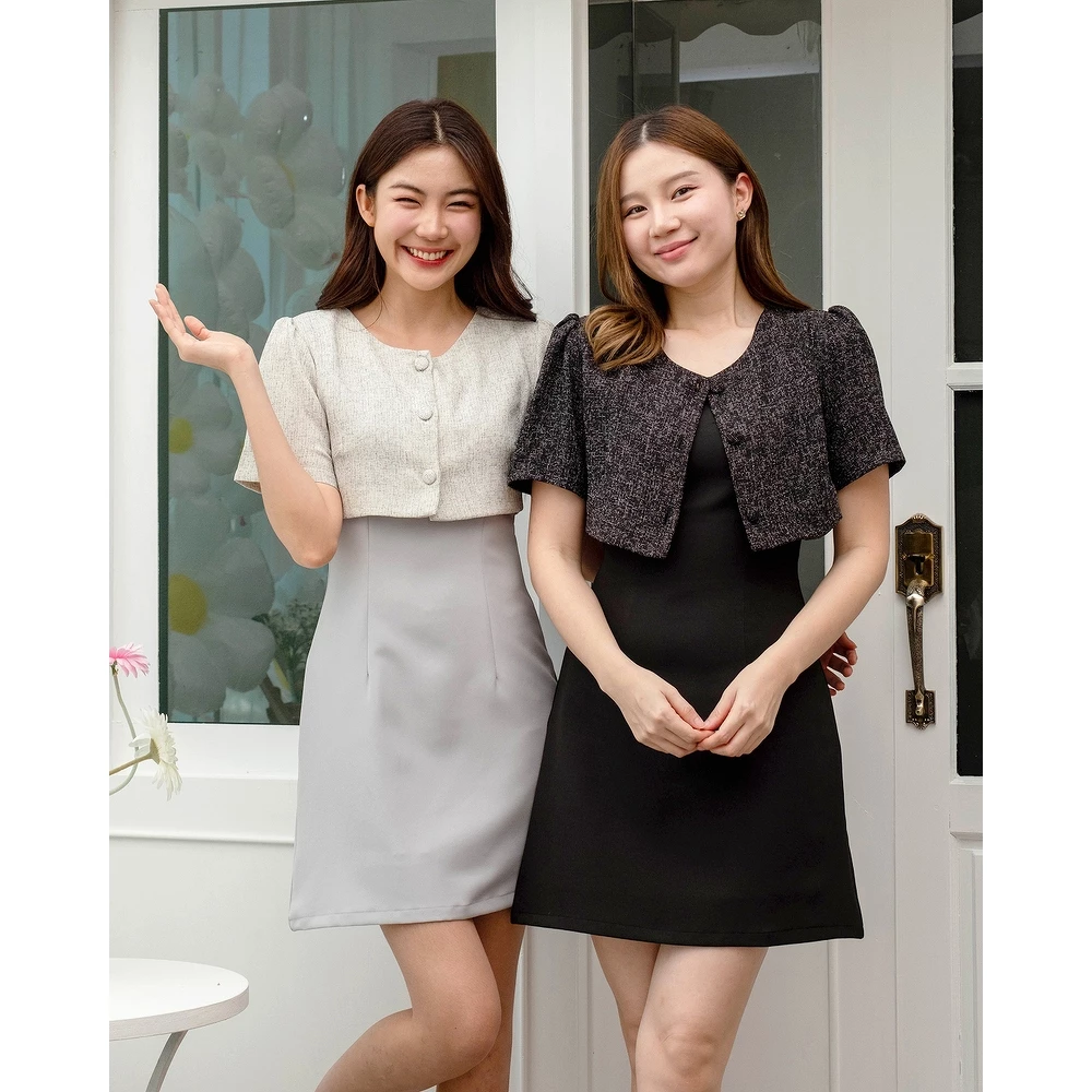 (XS-3XL) Rayna dress (pepe) - ชุดเดรสทำงาน ชุดทำงานผู้หญิง เดรสเข้าเอว เย็บติดเสื้อกั๊กผ้าทวีด - CRAYONBRAND