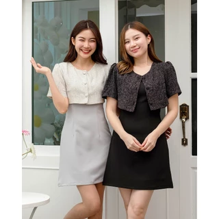 (XS-3XL) Rayna dress (pepe) - ชุดเดรสทำงาน ชุดทำงานผู้หญิง เดรสเข้าเอว เย็บติดเสื้อกั๊กผ้าทวีด - CRAYONBRAND