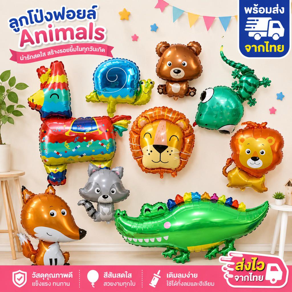 ลูกโป่งฟอยล์Animals  สัตว์ สิงโต หมี จระเข้ อาปาก้า ลูกโป่งวันเกิด ของเล่น