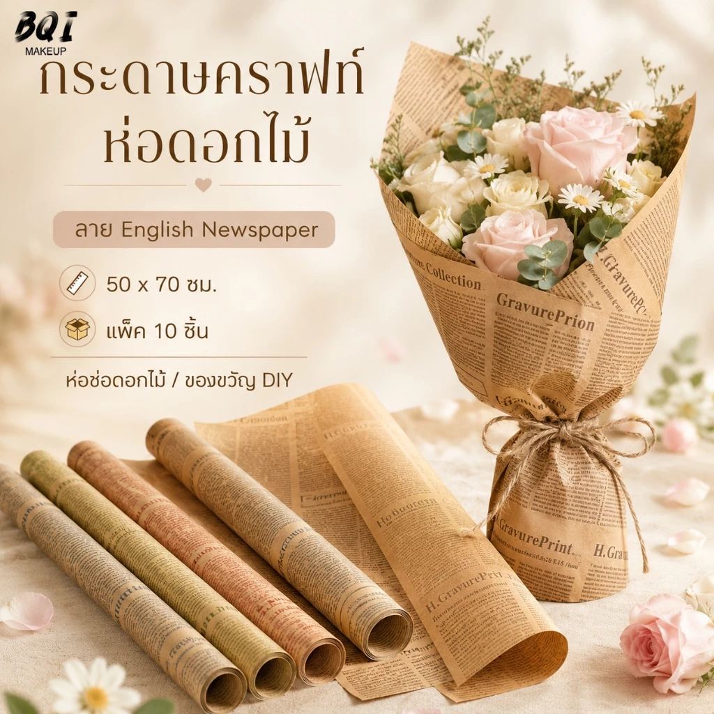 กระดาษห่อช่อดอกไม้ลายหนังสือพิมพ์อังกฤษ 50x70 ซม. 10 แผ่น กระดาษคราฟท์วินเทจ สำหรับห่อของขวัญ
