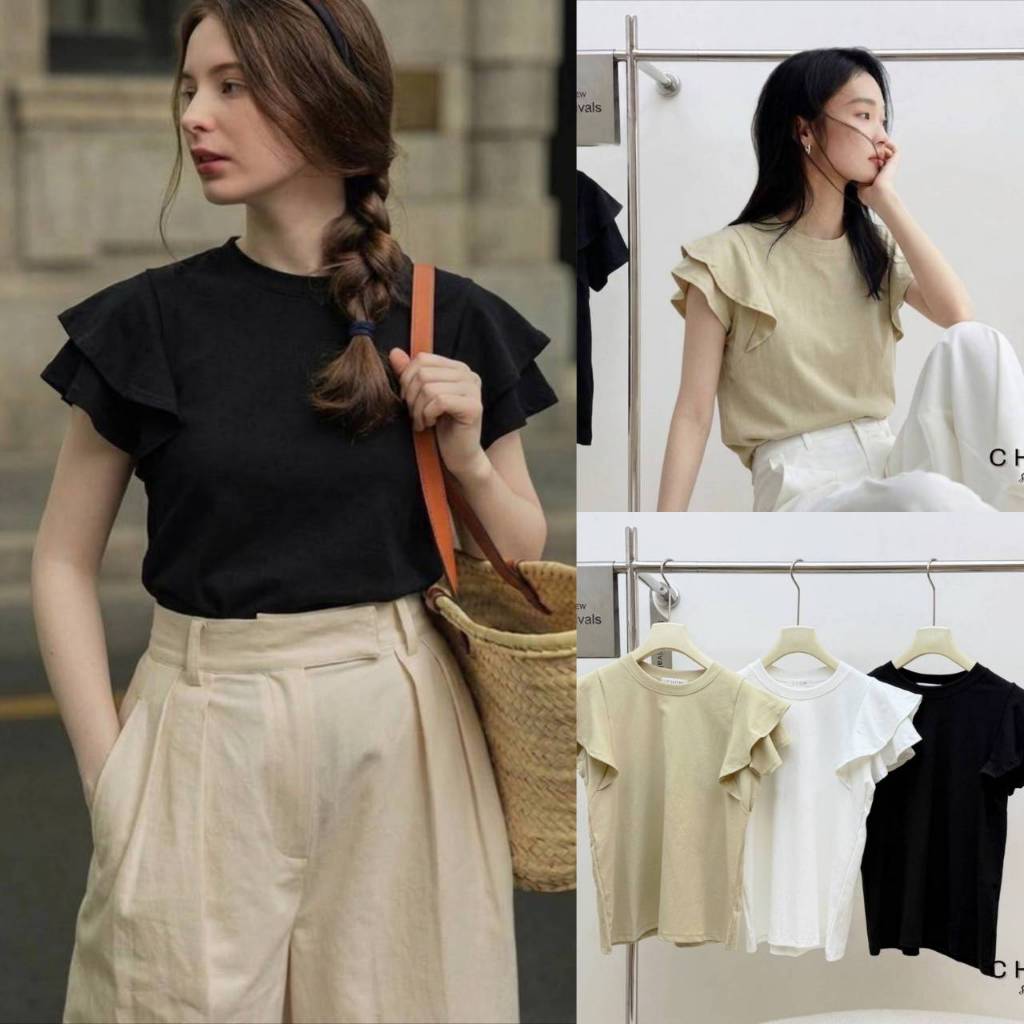 CH1200 เสื้อยืดคอกลมแขนแต่งระบาย