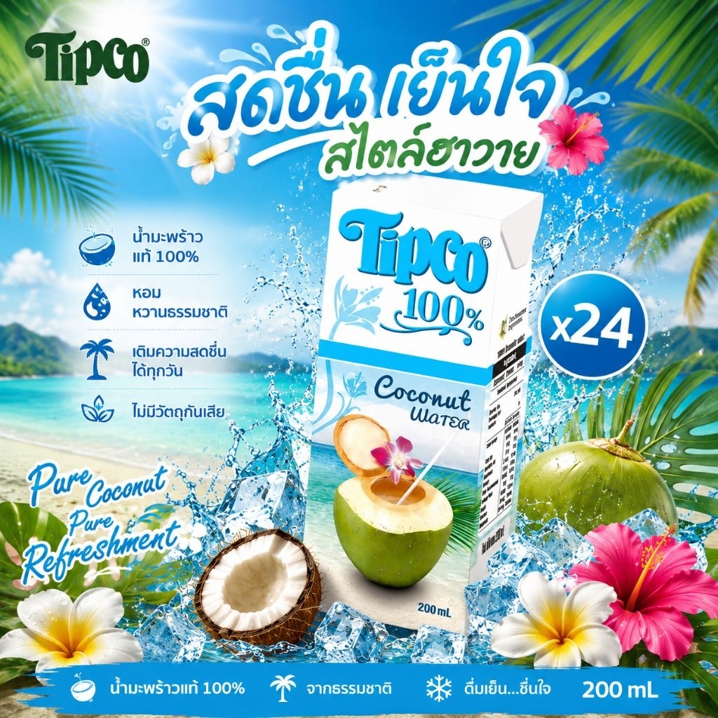 Tipco น้ำมะพร้าว 100% 24 กล่อง ตราทิปโก้ <ขายยกลัง>. ราคาส่ง