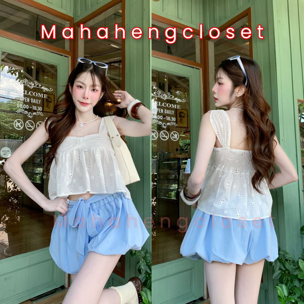 Mahahengcloset เสื้อคอเหลี่ยมผ้าฉลุลูกไม้ สม็อคหลัง ผ้านุ่มใส่สบาย ลุคหวานดูแพง