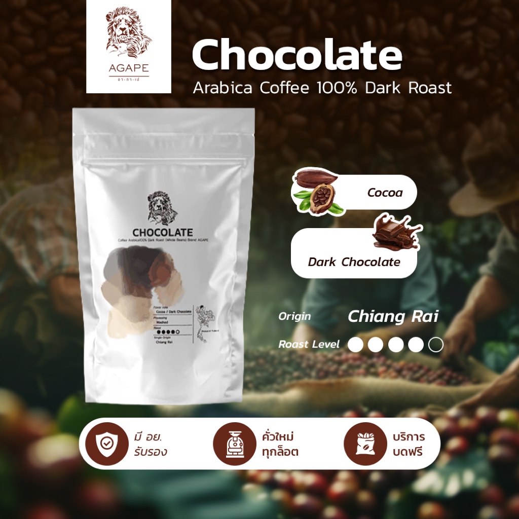 เมล็ดกาแฟคั่วเข้ม อาราบิก้าไทย 100% (Chocolate) เชียงราย คั่วใหม่ทุกล็อต บดฟรี มี อย. 250g