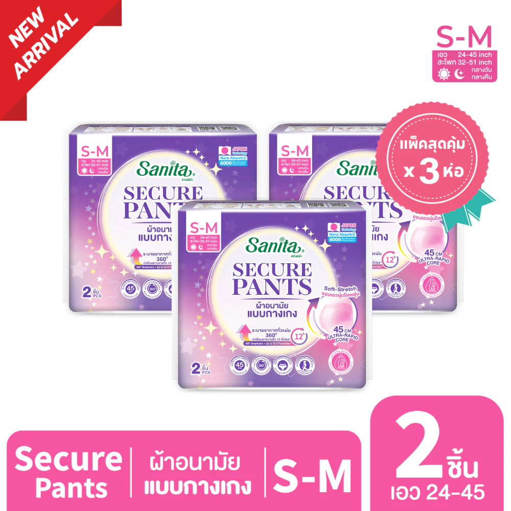 [แพ็ค X 3ห่อ] Sanita SecurePants / ผ้าอนามัยแบบกางเกง (ไซส์ S-M : 24-45 นิ้ว) 2 ชิ้น / ห่อ
