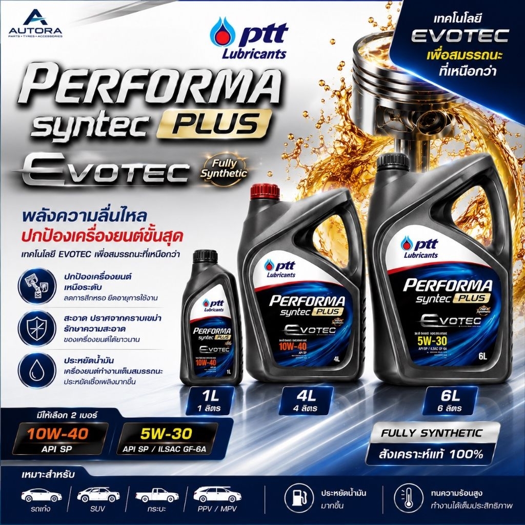 น้ำมันเครื่อง PTT Performa syntec plus 10W-40 และ 5W-30 มีขนาดให้เลือก
