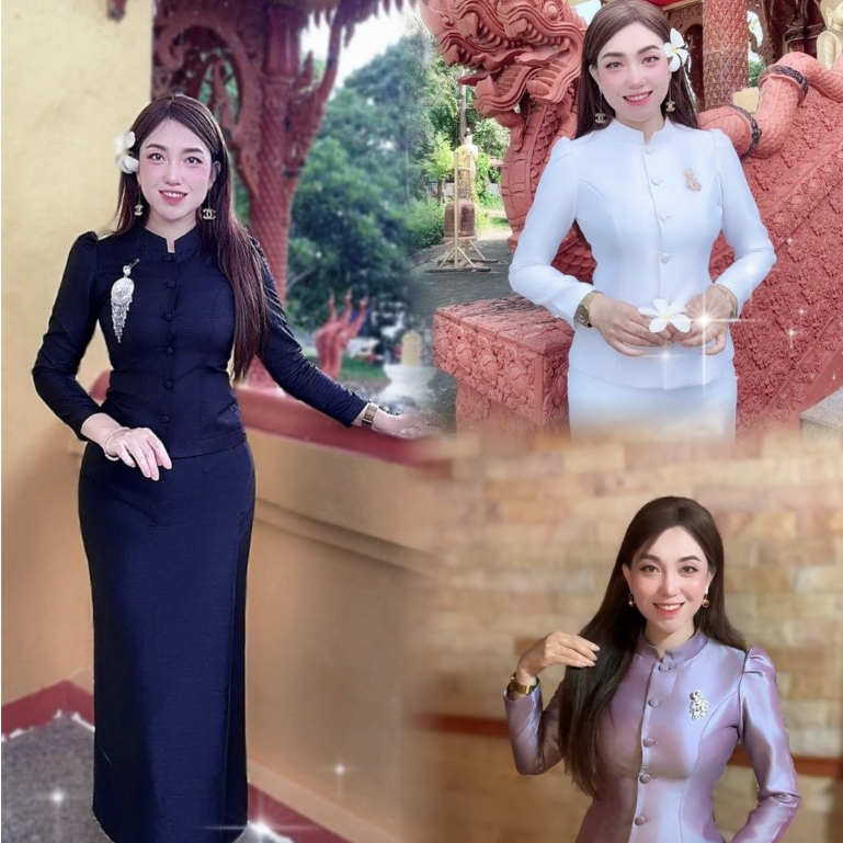 ชุดไทยจิตรลดา งานผ้าไหมไทยสี่เส้น งานเสื้อกระดุมหน้า  ผ้าถุงสำเร็จซิปหลัง อัดกาวทั้งชุด