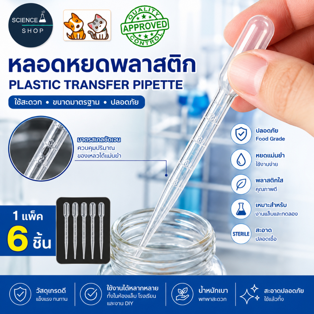 หลอดหยดพลาสติก Dropper (Pasteur Pipette Non-Sterile) หลอดหยดสี ดรอปเปอร์ แบบบีบหยด 3mL แพ็คละ 6 ชิ้น