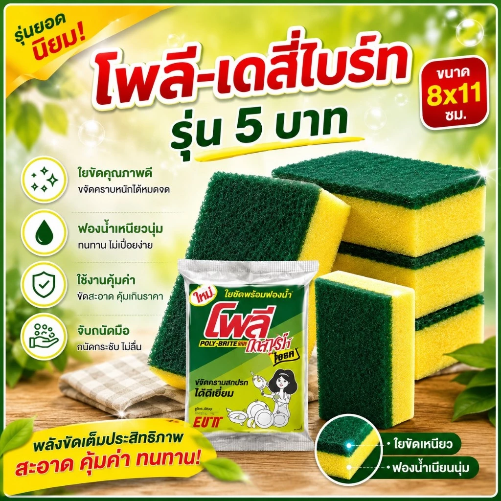 ใยขัดโพลีไบรท์ ฟองน้ำล้างจาน ยกแผง 24ชิ้น ฟองน้ำ2ทาง ใยขัดสีเขียว ฟองน้ำเขียวเหลือง ใยขัดหม้อ โพลีไบร์ท ฟองน้ำ2ด้าน