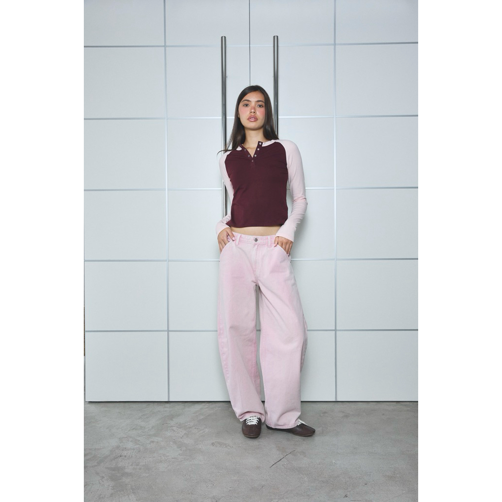 I AM ABBI Pink Jeans กางเกงยีนฟอกสีชมพูทรง Low-waist Barrel Jeans
