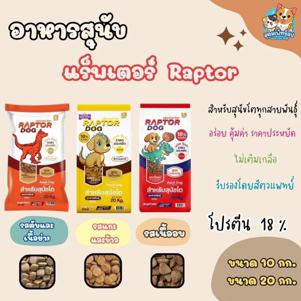 อาหารหมาแรปเตอร์ ขนาด 20กิโล(ไม่มีถุงแบ่งข้างใน)