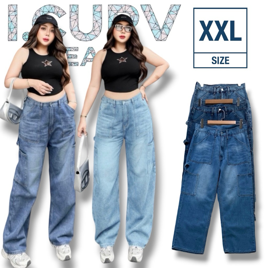 JEANS : I.CURV JEANS รุ่นคาร์โก้ สายคล้อง กางเกงยีนส์ ขากระบอก เอวสูง พลัสไซต์ Clothing Women ผู้หญิง เสื้อผ้า Ladyรีต