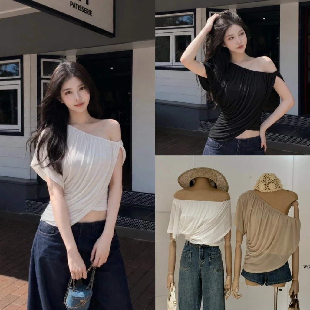 (พร้อมส่ง ดำ น้ำตาล) Mira Drape เสื้อคอกว้างใส่เปิดไหล่ได้ - 10076 TAG WG.WE 🇰🇷
