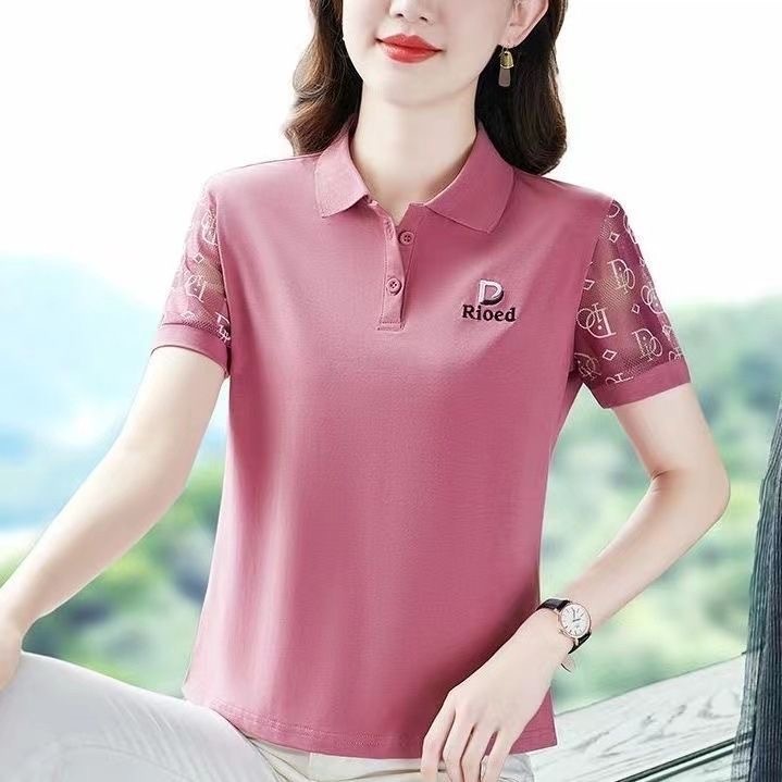 เสื้อยืดแขนสั้นสี ผู้หญิง ฤดูร้อน 2026 ใหม่ แม่วัยกลางคน ตกแต่งภายใน แขนเสื้อโปโล ขนาดใหญ่