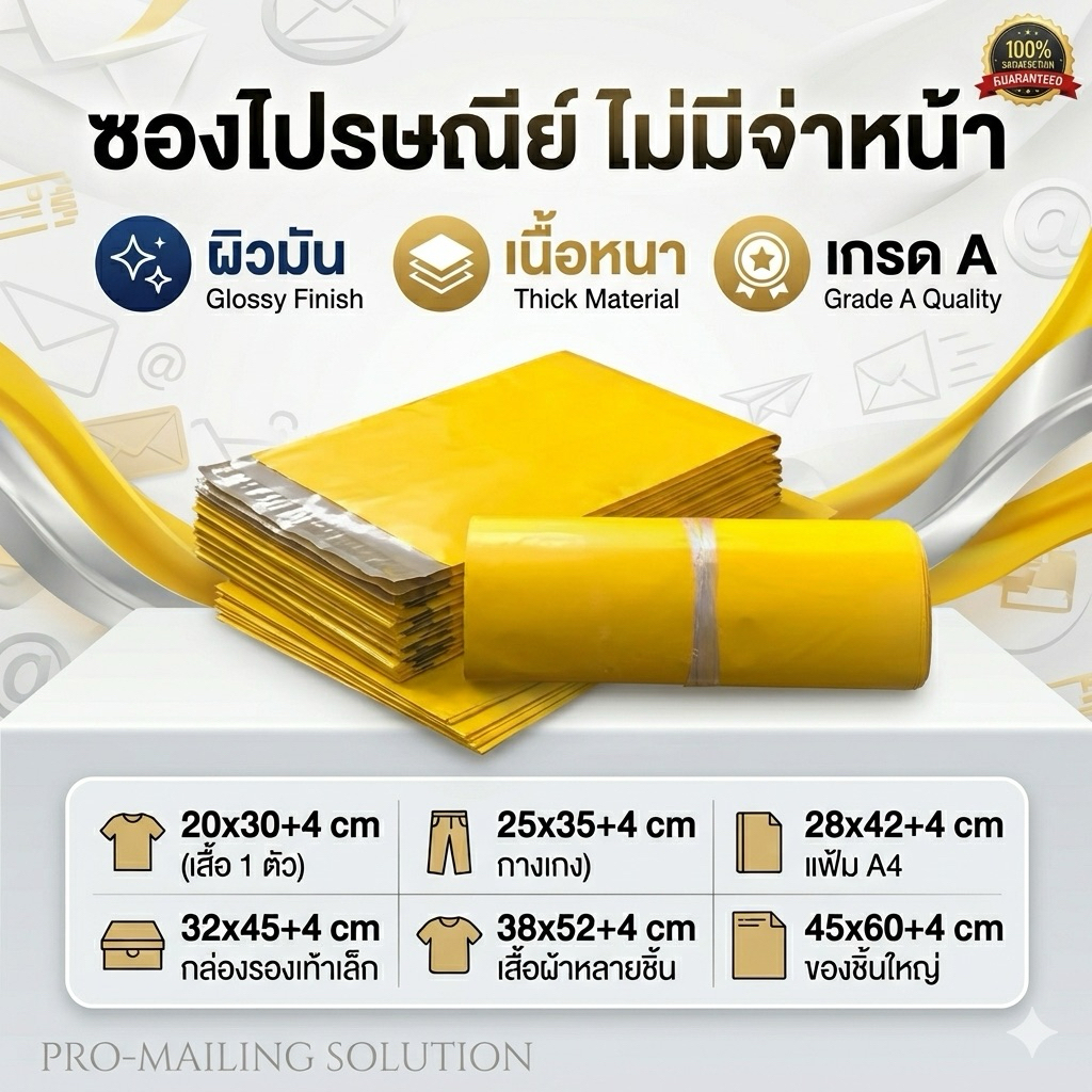 ถุงไปรษณีย์ ซองไปรษณีย์ รุ่นไม่มีจ่าหน้า สีเหลือง (ทึบ100%)